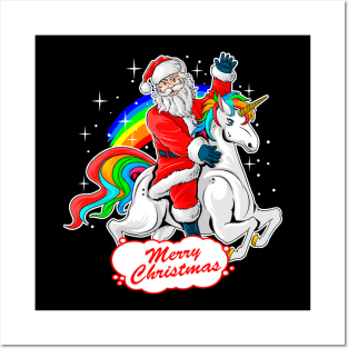 Christmas Santa Riding Unicorn, Cute Xmas Rainbow Lover Gift Posters and Art